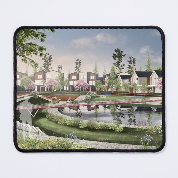 Item preview, Modern Riverside Neighborhood with Pink Blossom Tre designed and sold by Ескіз-ілона.
