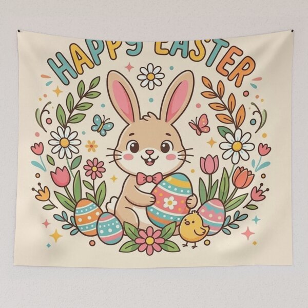 Item preview, Happy Easter Cute Bunny with Colorful Eggs and Spring Flowers designed and sold by Owcomm.