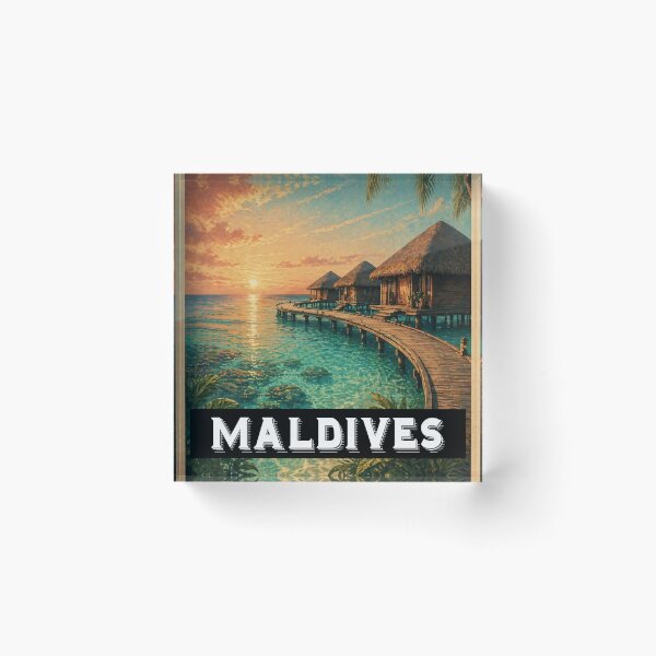 Item preview, Maldives sunset beach vintage travel poster aesthetic design designed and sold by PixelParinda.