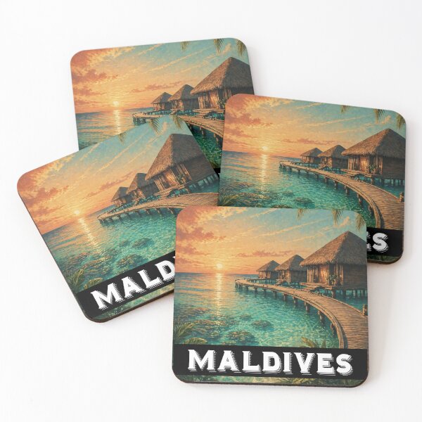 Item preview, Maldives sunset beach vintage travel poster aesthetic design designed and sold by PixelParinda.