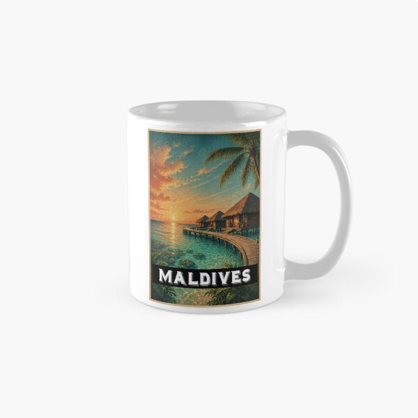 Item preview, Maldives sunset beach vintage travel poster aesthetic design designed and sold by PixelParinda.