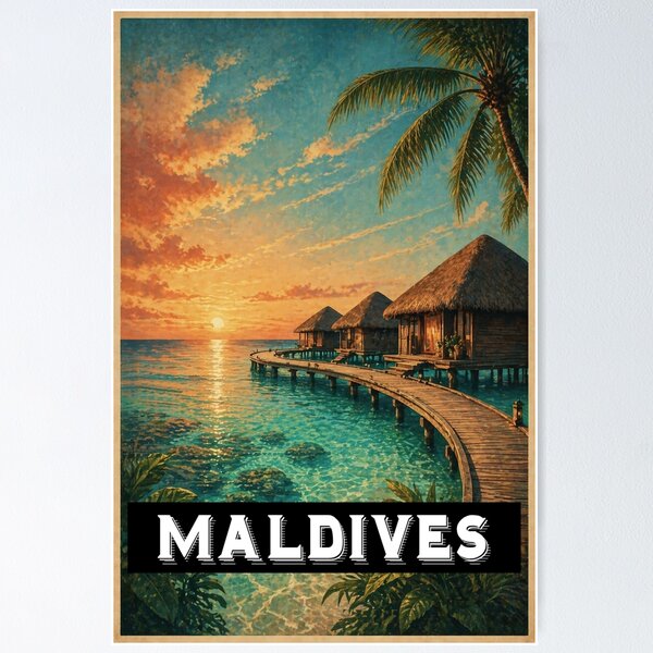 Item preview, Maldives sunset beach vintage travel poster aesthetic design designed and sold by PixelParinda.