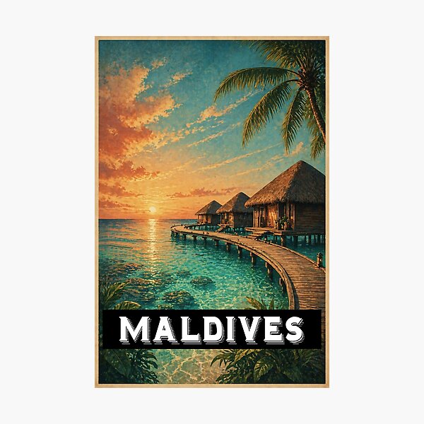 Item preview, Maldives sunset beach vintage travel poster aesthetic design designed and sold by PixelParinda.