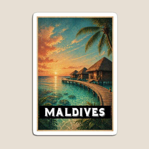 Aperçu de l'œuvre Affiche de voyage vintage au coucher du soleil sur une plage des Maldives, au design esthétique créée et vendue par PixelParinda.