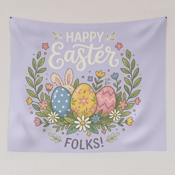 Item preview, Happy Easter Folks! Floral Wreath with Bunny and Patterned Eggs designed and sold by Owcomm.