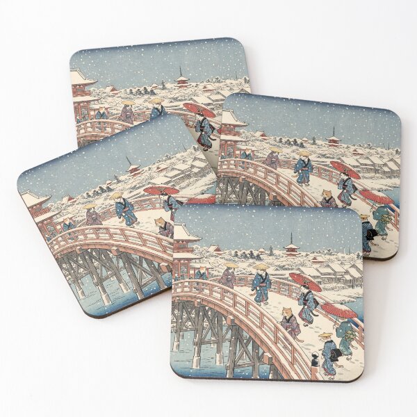 Item preview, Cats Crossing a Snowy Bridge — Yuki no Taikobashi Neko Zu | Japanese Ukiyo-e Cat Art designed and sold by Ukiyo Neko Hyakkei - Cats of the Floating World-.