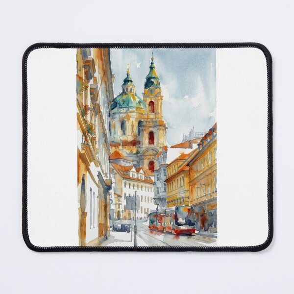 Item preview, St Nicholas Church Prague Tram Watercolor Cityscape designed and sold by caracatita75.