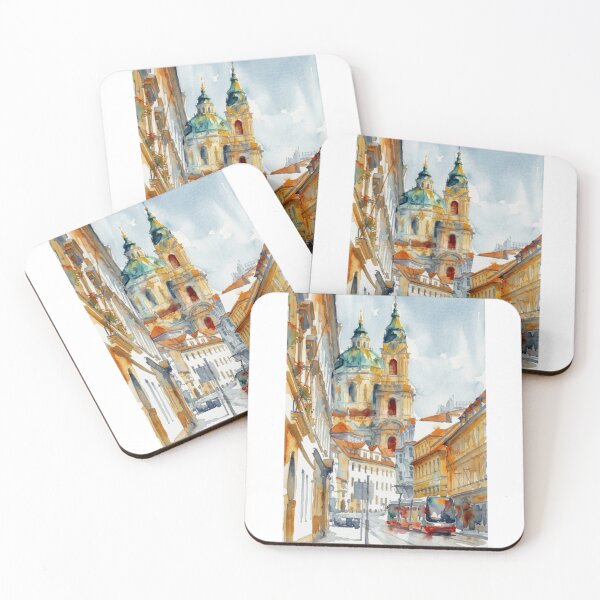 Item preview, St Nicholas Church Prague Tram Watercolor Cityscape designed and sold by caracatita75.