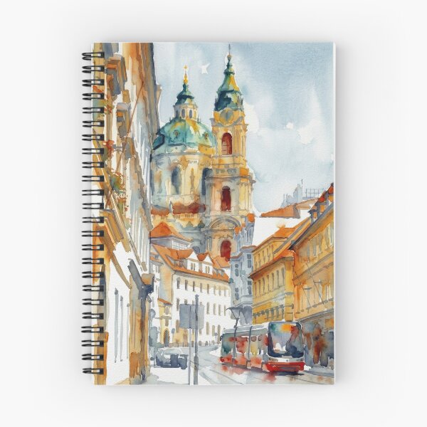 Item preview, St Nicholas Church Prague Tram Watercolor Cityscape designed and sold by caracatita75.