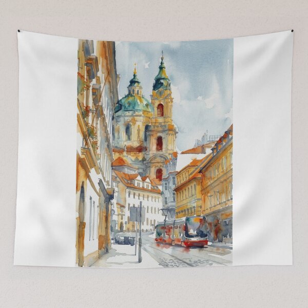 Item preview, St Nicholas Church Prague Tram Watercolor Cityscape designed and sold by caracatita75.