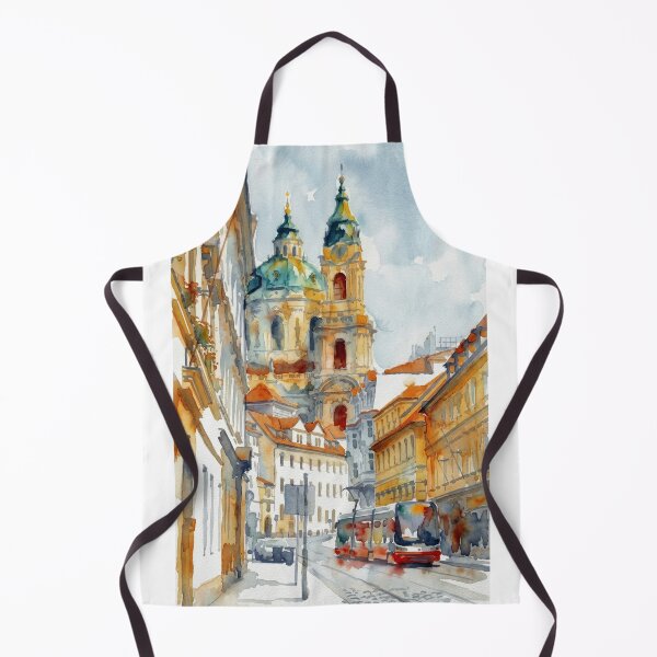 Item preview, St Nicholas Church Prague Tram Watercolor Cityscape designed and sold by caracatita75.