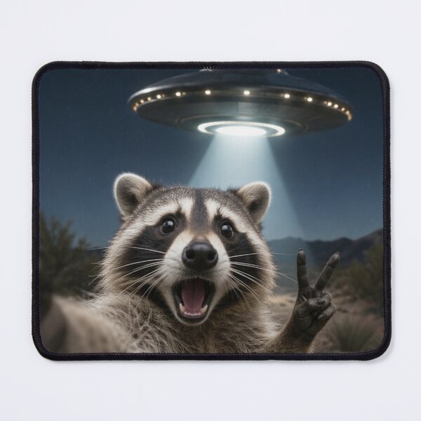 Item preview, Animal Meme Selfie Raccoon UFO Alien designed and sold by SaturnMission.
