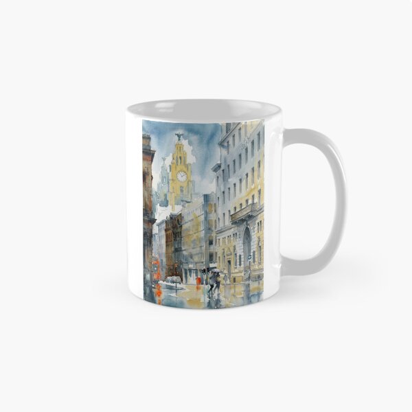 Item preview, Water Street Liverpool with Royal Liver Building – Rainy Watercolor Cityscape designed and sold by caracatita75.