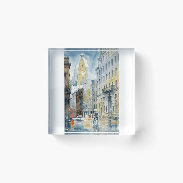Item preview, Water Street Liverpool with Royal Liver Building – Rainy Watercolor Cityscape designed and sold by caracatita75.