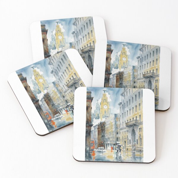 Item preview, Water Street Liverpool with Royal Liver Building – Rainy Watercolor Cityscape designed and sold by caracatita75.
