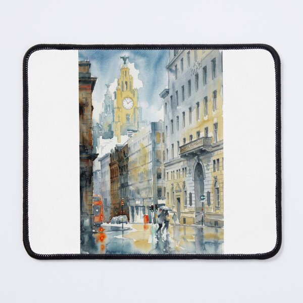 Item preview, Water Street Liverpool with Royal Liver Building – Rainy Watercolor Cityscape designed and sold by caracatita75.