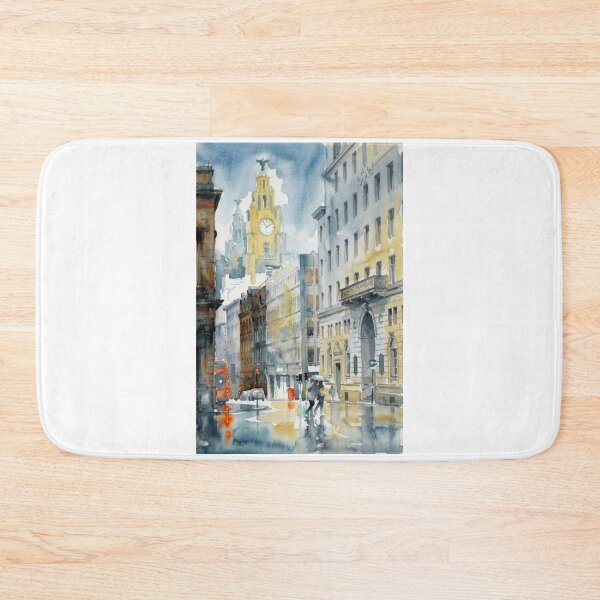 Item preview, Water Street Liverpool with Royal Liver Building – Rainy Watercolor Cityscape designed and sold by caracatita75.