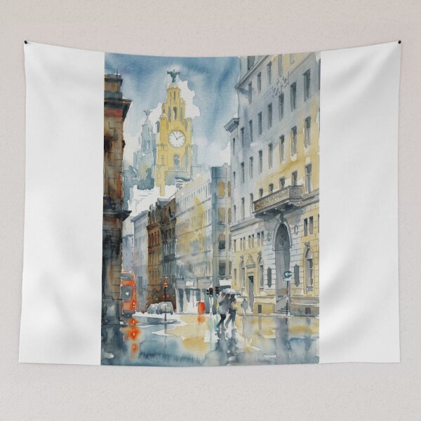 Item preview, Water Street Liverpool with Royal Liver Building – Rainy Watercolor Cityscape designed and sold by caracatita75.