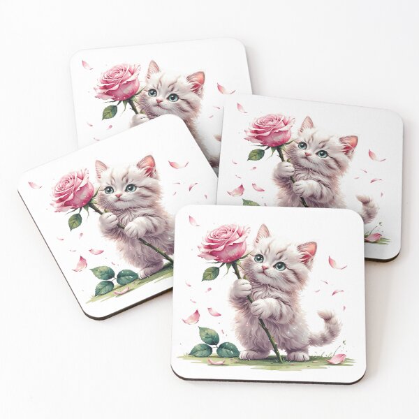 Item preview, Cute Kitten Holding Pink Rose June Birth Month Art designed and sold by AQUILAKREO.