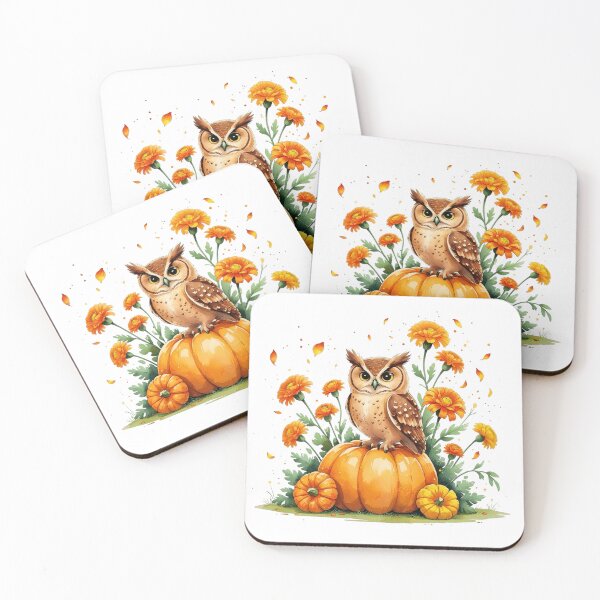 Item preview, Cute Owl with Marigold and Pumpkin October Birth Month Art designed and sold by AQUILAKREO.