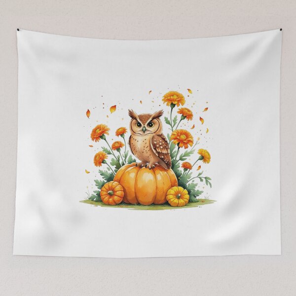 Item preview, Cute Owl with Marigold and Pumpkin October Birth Month Art designed and sold by AQUILAKREO.