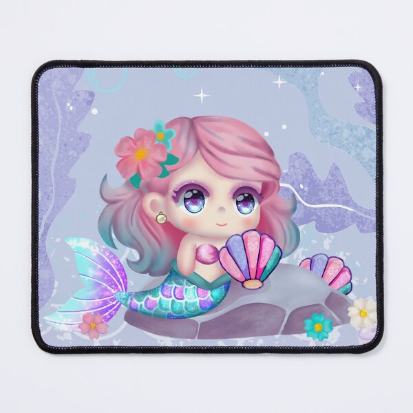 Item preview, A cute cartoon mermaid with pink hair and a colorful tail sits on a rock holding a seashell. designed and sold by hobikeyfimartdijital.