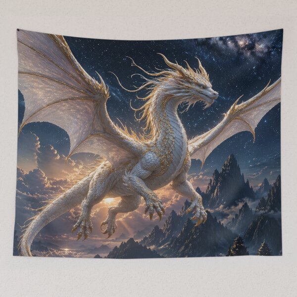 Item preview, Celestial White Dragon Under Starry Sky | Epic Fantasy Night Art designed and sold by DrakariArt.