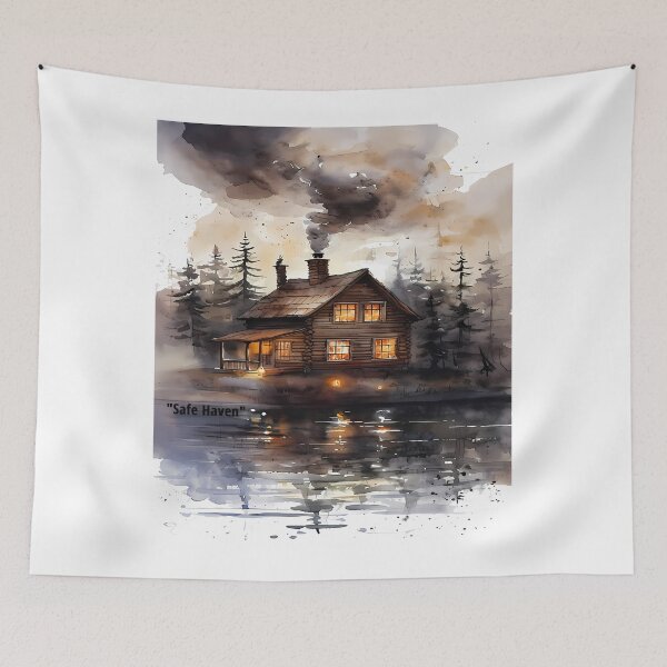 Item preview, Safe Haven - Cozy Lakeside Log Cabin Watercolor designed and sold by Modern Nest Art.