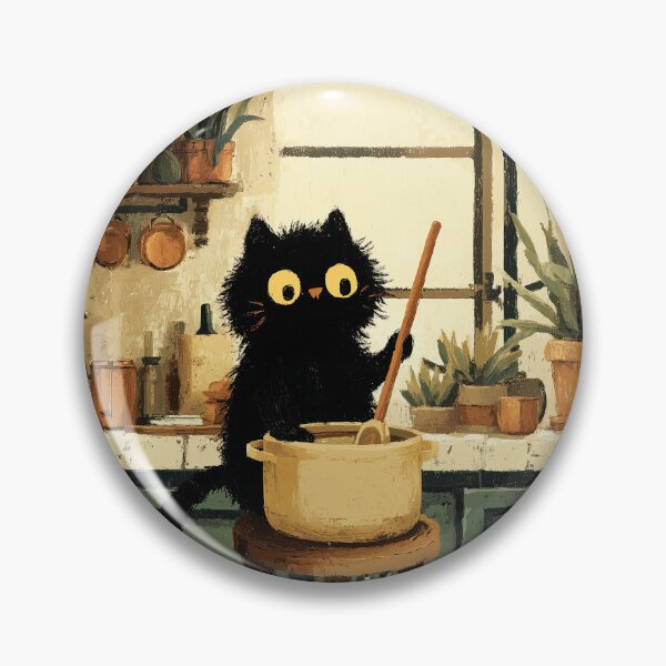 Item preview, Black Cat Stirring Soup on Stool in Cozy Kitchen designed and sold by Erika Kaisersot.