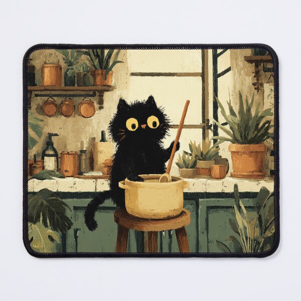 Item preview, Black Cat Stirring Soup on Stool in Cozy Kitchen designed and sold by Erika Kaisersot.