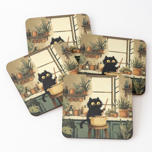 Item preview, Black Cat Stirring Soup on Stool in Cozy Kitchen designed and sold by Erika Kaisersot.