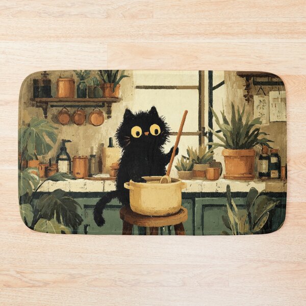 Item preview, Black Cat Stirring Soup on Stool in Cozy Kitchen designed and sold by Erika Kaisersot.