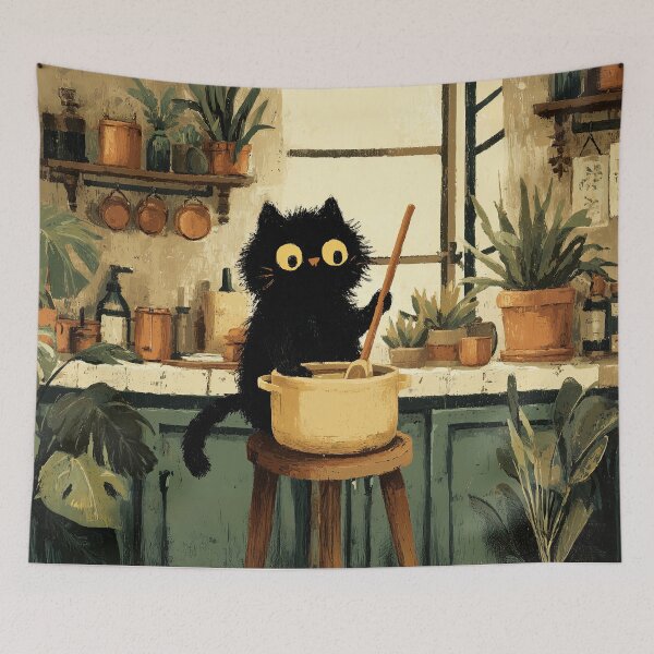 Item preview, Black Cat Stirring Soup on Stool in Cozy Kitchen designed and sold by Erika Kaisersot.