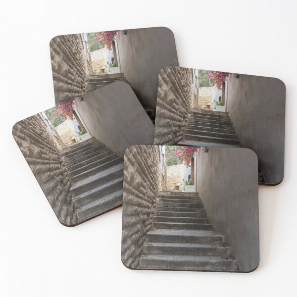 Item preview, Stone Staircase Alley With Pink Bougainvillea Overhang in a Quiet Mediterranean Village Lane designed and sold by Nmallia.