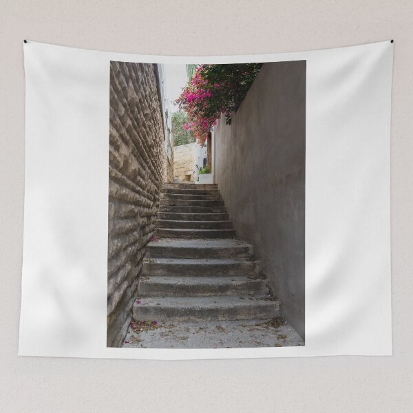 Item preview, Stone Staircase Alley With Pink Bougainvillea Overhang in a Quiet Mediterranean Village Lane designed and sold by Nmallia.