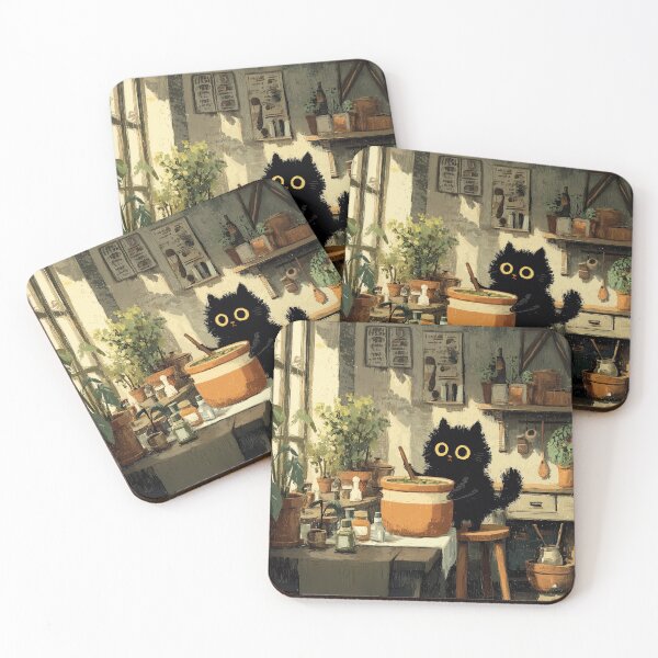Item preview, Black Cat Stirring Soup in Rustic Kitchen designed and sold by Erika Kaisersot.