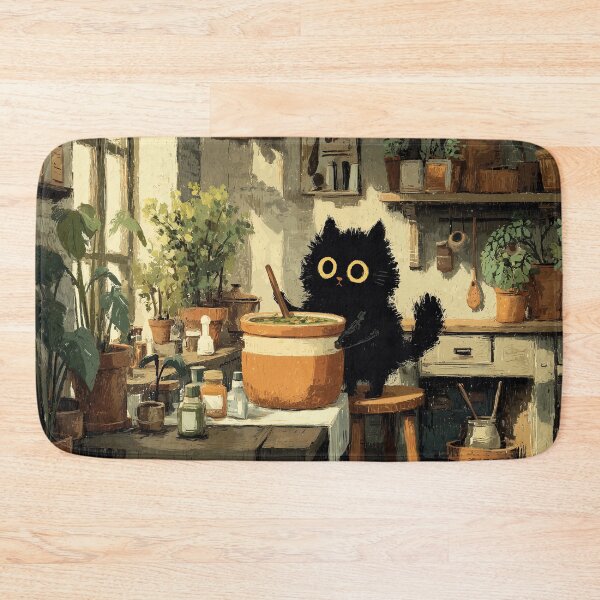 Item preview, Black Cat Stirring Soup in Rustic Kitchen designed and sold by Erika Kaisersot.
