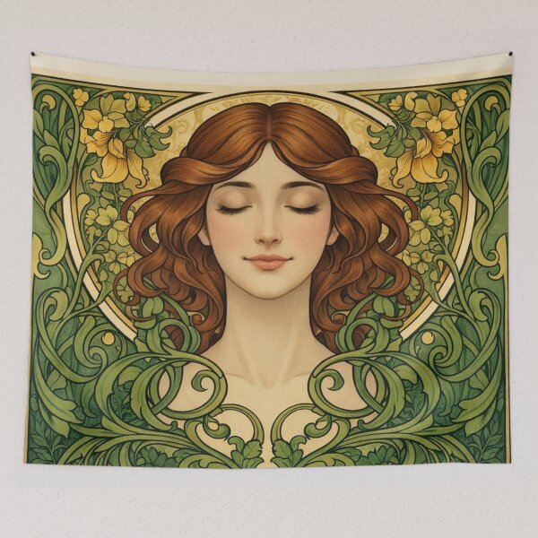 Item preview, Flora’s Blossom – Art Nouveau Botanical Portrait with Yellow Flowers designed and sold by The Digital Compass.