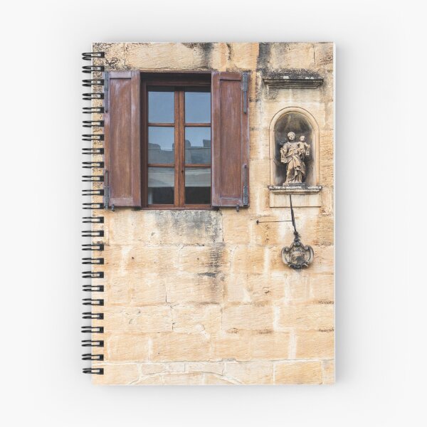 Item preview, Ventana histórica de muro de piedra con contraventanas de madera y nicho religioso con estatua, arquitectura antigua. designed and sold by Nmallia.