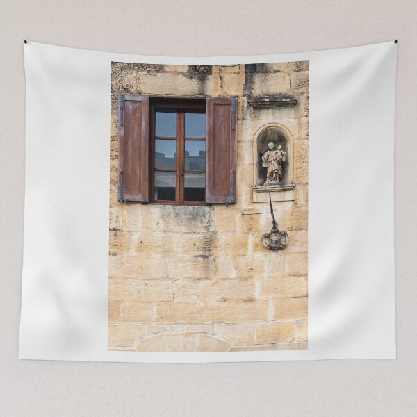 Item preview, Historic Stone Wall Window With Wooden Shutters And Religious Niche Statue, Old Architecture designed and sold by Nmallia.