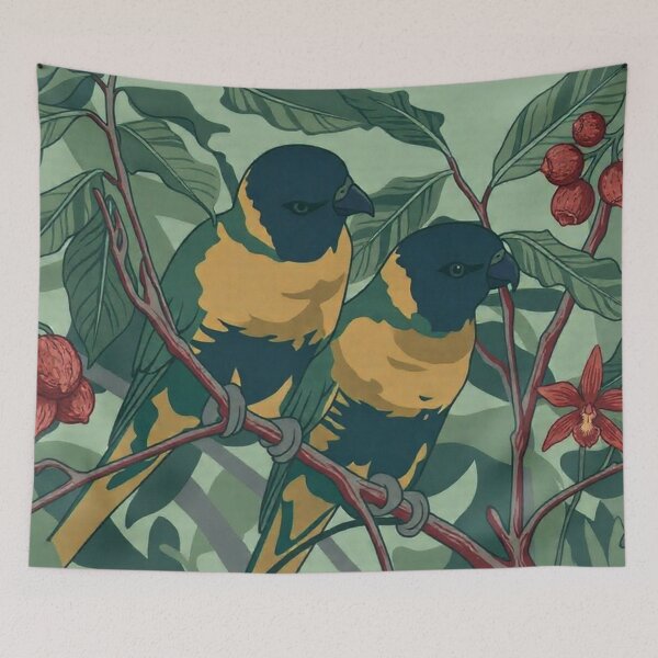 Item preview, Serene Pair of Parrots – Muted Botanical Garden Illustration designed and sold by BLUESKY11a.
