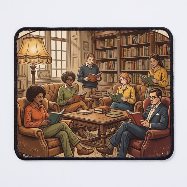 Item preview, Retro Bookworm Club Library Scene Vintage Readers Illustration designed and sold by urbinet.