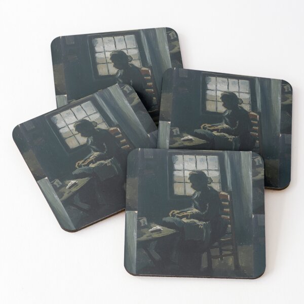 Item preview, Woman Sewing by Vincent van Gogh: Post Impressionist Interior Study designed and sold by artofuniverse.