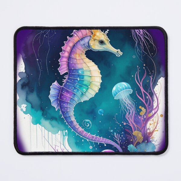 Item preview, Magical rainbow watercolor seahorse jellyfish bioluminescent ocean art print designed and sold by icemanphotos.