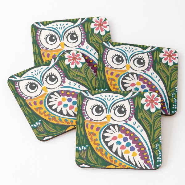 Item preview, Green Folk Art Owl Print | Colorful Botanical Owl Painting designed and sold by Filora Atelier | Bird Art.