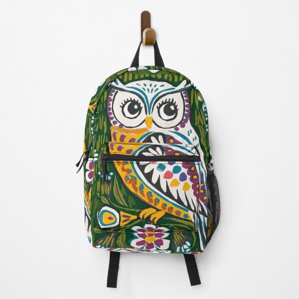 Item preview, Green Folk Art Owl Print | Colorful Botanical Owl Painting designed and sold by Filora Atelier | Bird Art.