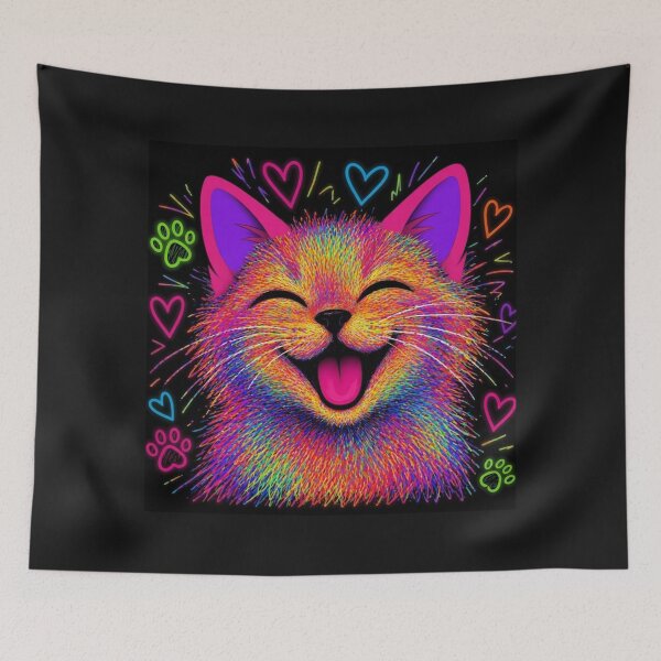 Item preview, Laughing Neon Psychedelic Cat with Hearts & Paws designed and sold by ZunZunArt.