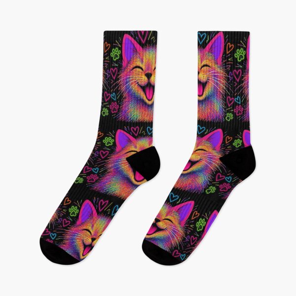 Item preview, Laughing Neon Psychedelic Cat with Hearts & Paws designed and sold by ZunZunArt.