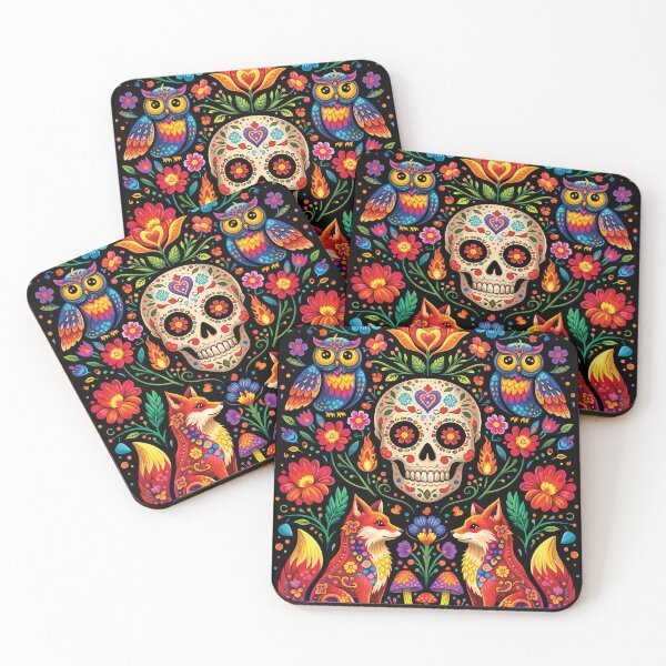 Item preview, Day of the Dead Fox Skull Folk Art Colorful Design designed and sold by Gold Turtle  Lina.