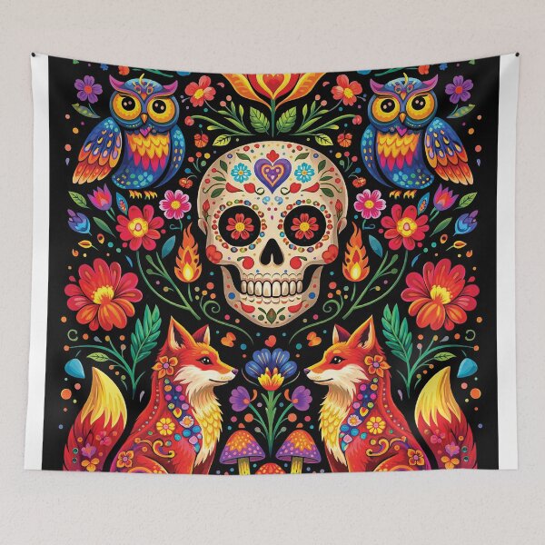 Item preview, Day of the Dead Fox Skull Folk Art Colorful Design designed and sold by Gold Turtle  Lina.